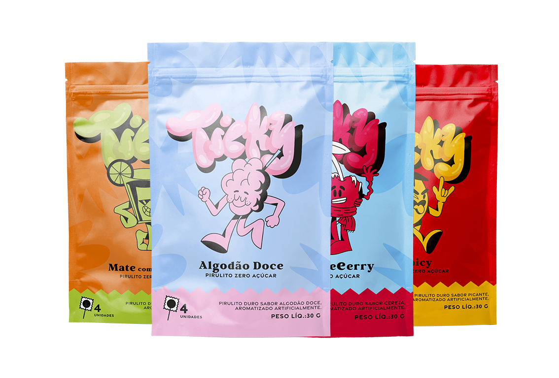 Pirulito Zero Açúcar - Mix (Algodão Doce, Cherry, Spicy e Mate) - Pack 4 Pouches (16 Unidades)