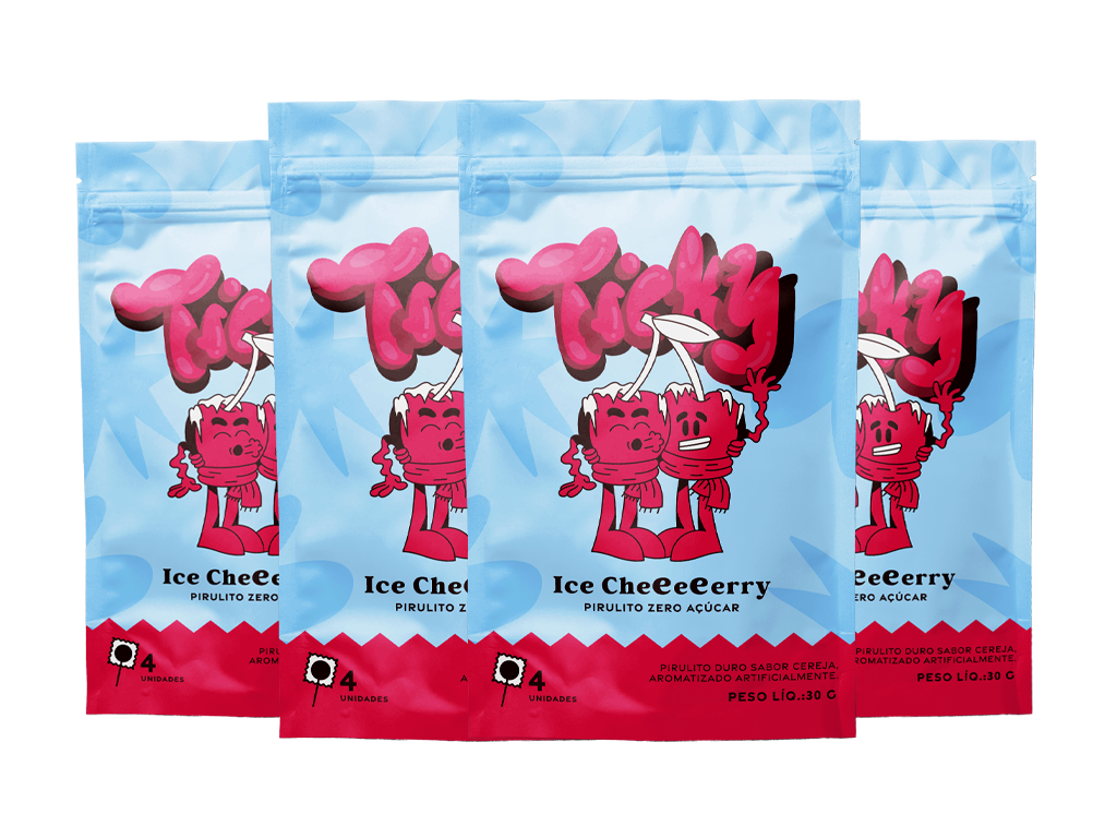 Pirulito Zero Açúcar - Sabor Ice Cherry - Pack 4 Pouches (16 Unidades)